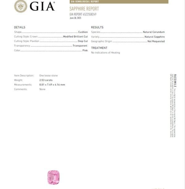 Eye Clean Pink Sapphire 2.53 ct Cushion Cut Certified by GIA