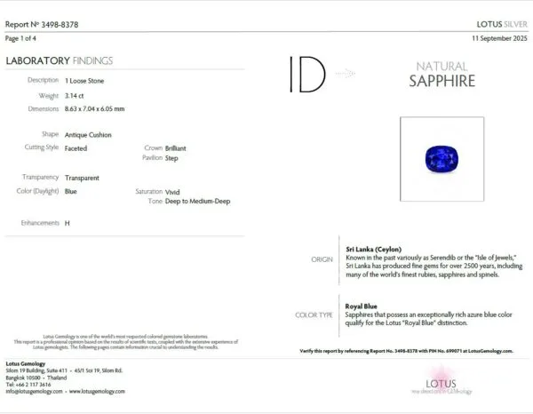Lotus Gemology report – Royal Blue color type, Sri Lanka origin – 3.14 ct