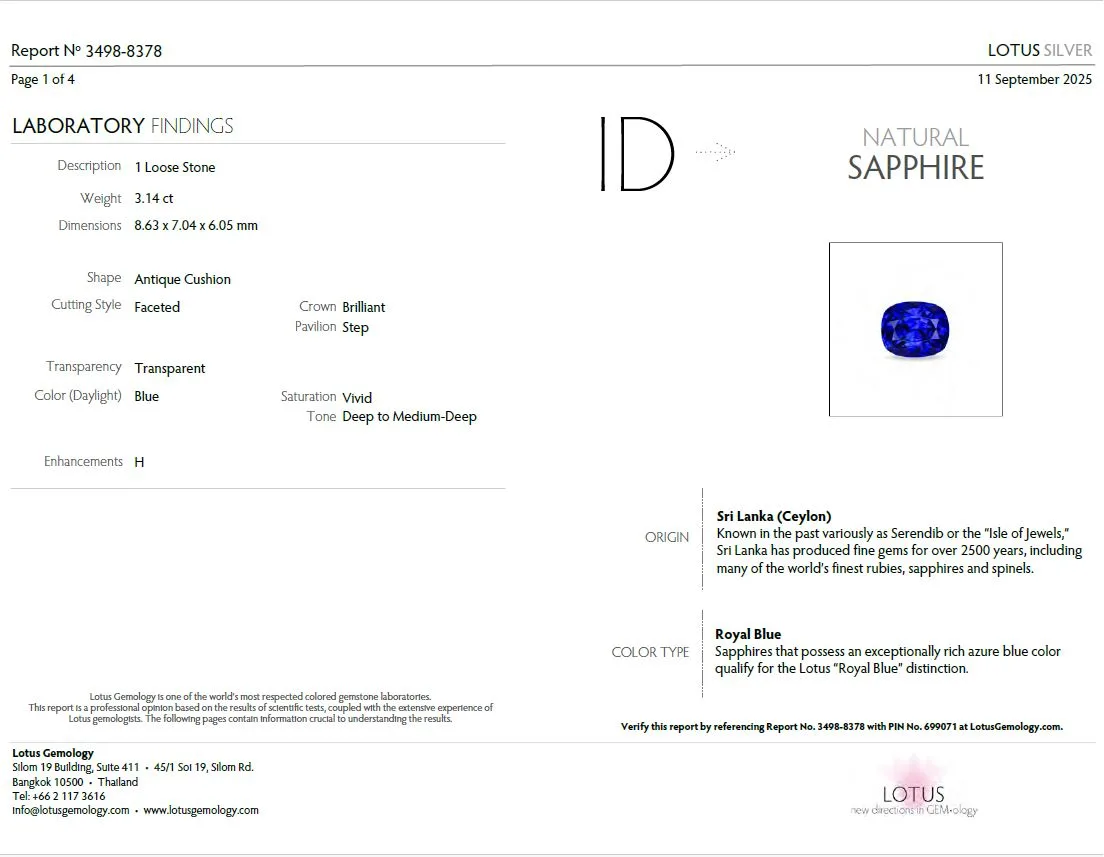 Lotus Gemology report – Royal Blue color type, Sri Lanka origin – 3.14 ct