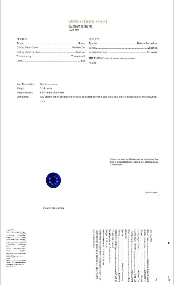 GIA report for 3.18 ct blue sapphire Sri Lanka – heated, no residues