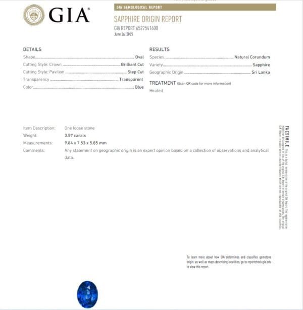 GIA certificate for 3.57 ct Sri Lanka blue sapphire heated no residue