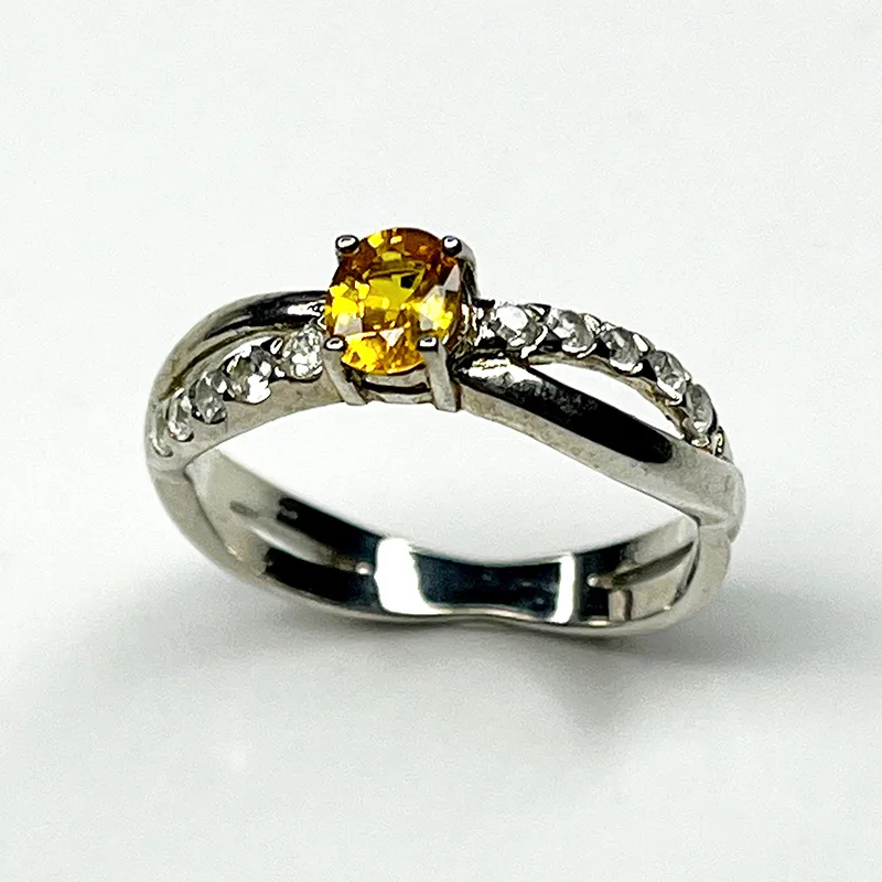 Sterling silver ring with natural yellow sapphire from Chanthaburi and white zircon