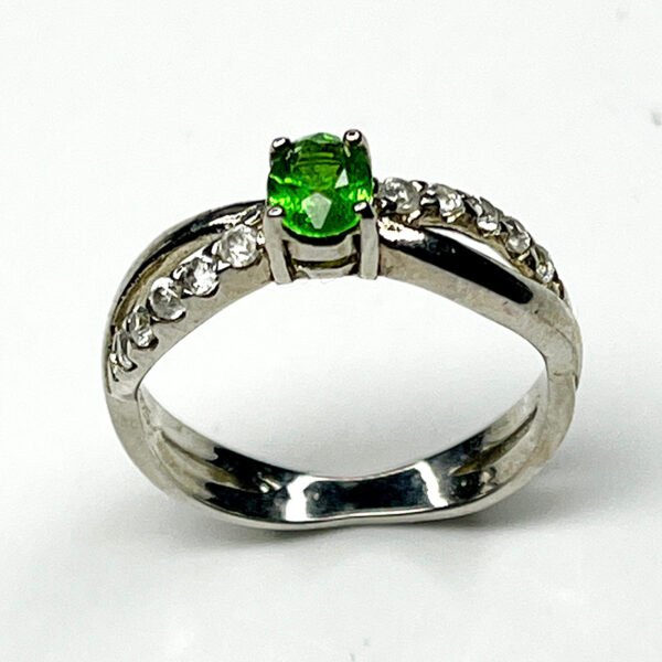 Sterling silver ring with vivid green tsavorite garnet and natural white zircon