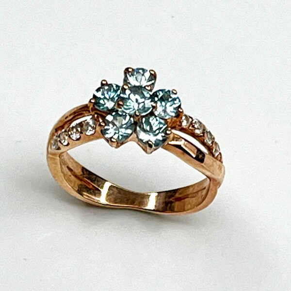 Bague argent 925 fleur zircon bleu finition or rose taille 52
