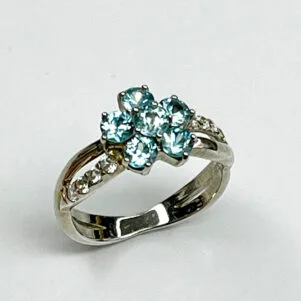 Bague argent 925 fleur zircon bleu finition or blanc taille 52.5