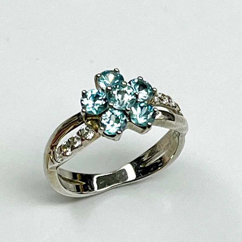 Bague argent 925 fleur zircon bleu finition or blanc taille 52.5