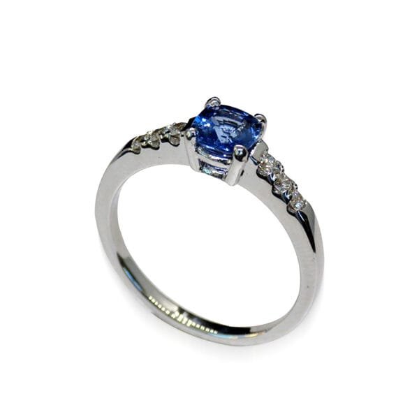 Cushion Sapphire and Diamond Ring in 18K White Gold – Close-up Perspective