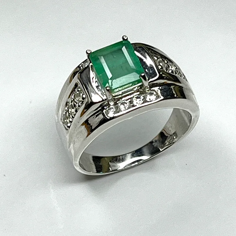 Bague Argent 925 avec Émeraude Naturelle Rectangulaire – Modèle Prestige Pavé - Image 3