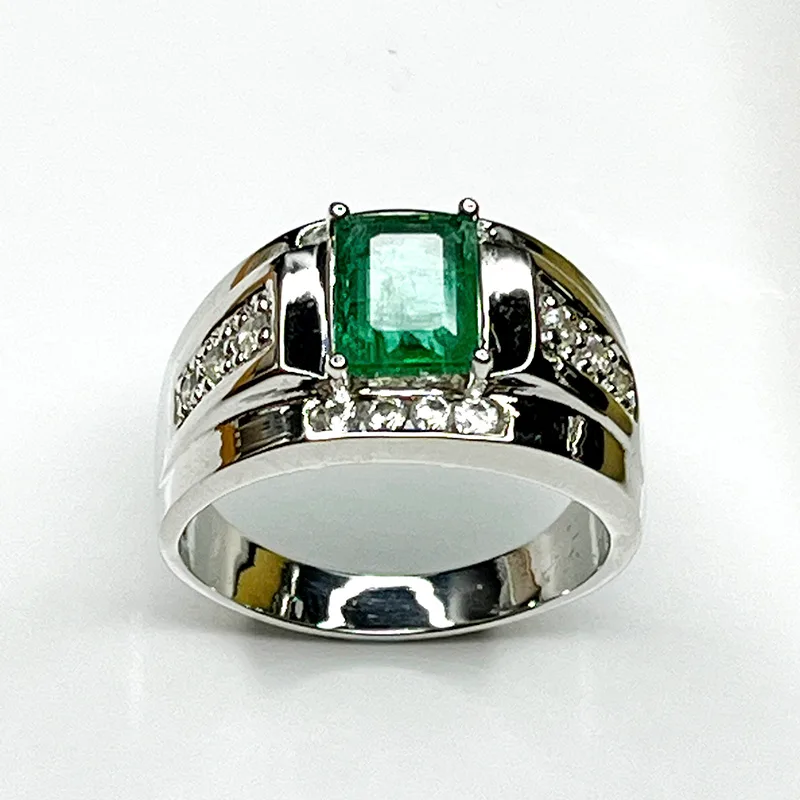 Bague Argent 925 avec Émeraude Naturelle Rectangulaire – Modèle Prestige Pavé
