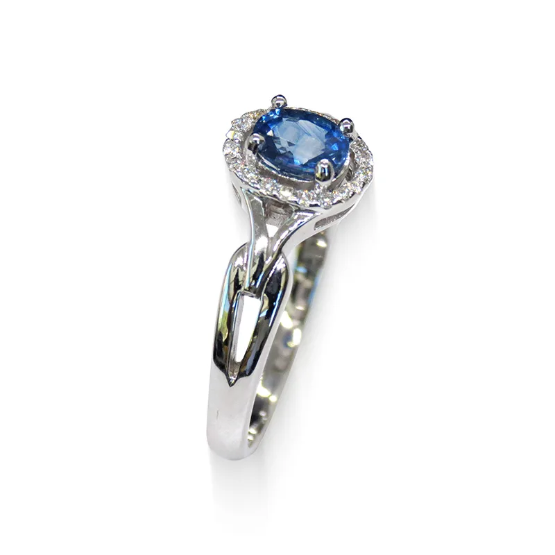 18K White Gold Halo Ring with Blue Sapphire and Diamond Accents – side view