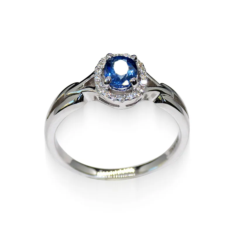 Fine Jewelry Halo Ring in 18K White Gold with Sapphire Center Stone – front view