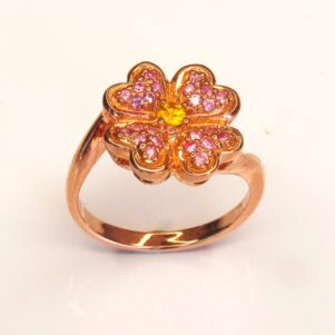 Bague Fleur de Bonheur en argent 925 plaqué or rose avec saphir jaune et saphirs roses naturels