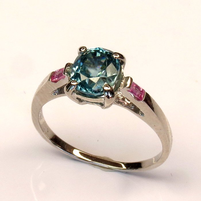 Bague argent sterling 925 avec zircon bleu et saphirs roses