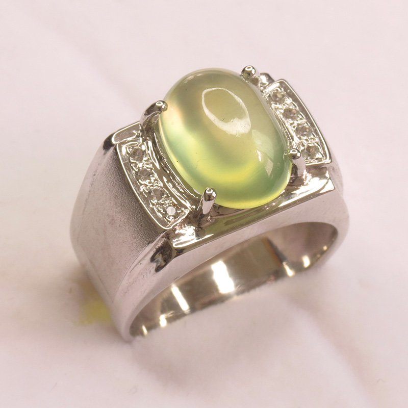 Bague préhnite et zircons blancs naturels argent 925 taille
